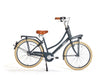 Navy bicycle with brown seat on a white background