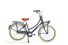 Navy bicycle with brown seat on a white background