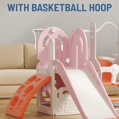 Pink and white slide with basketball hoop  and climbing stairs on a wooden floor.