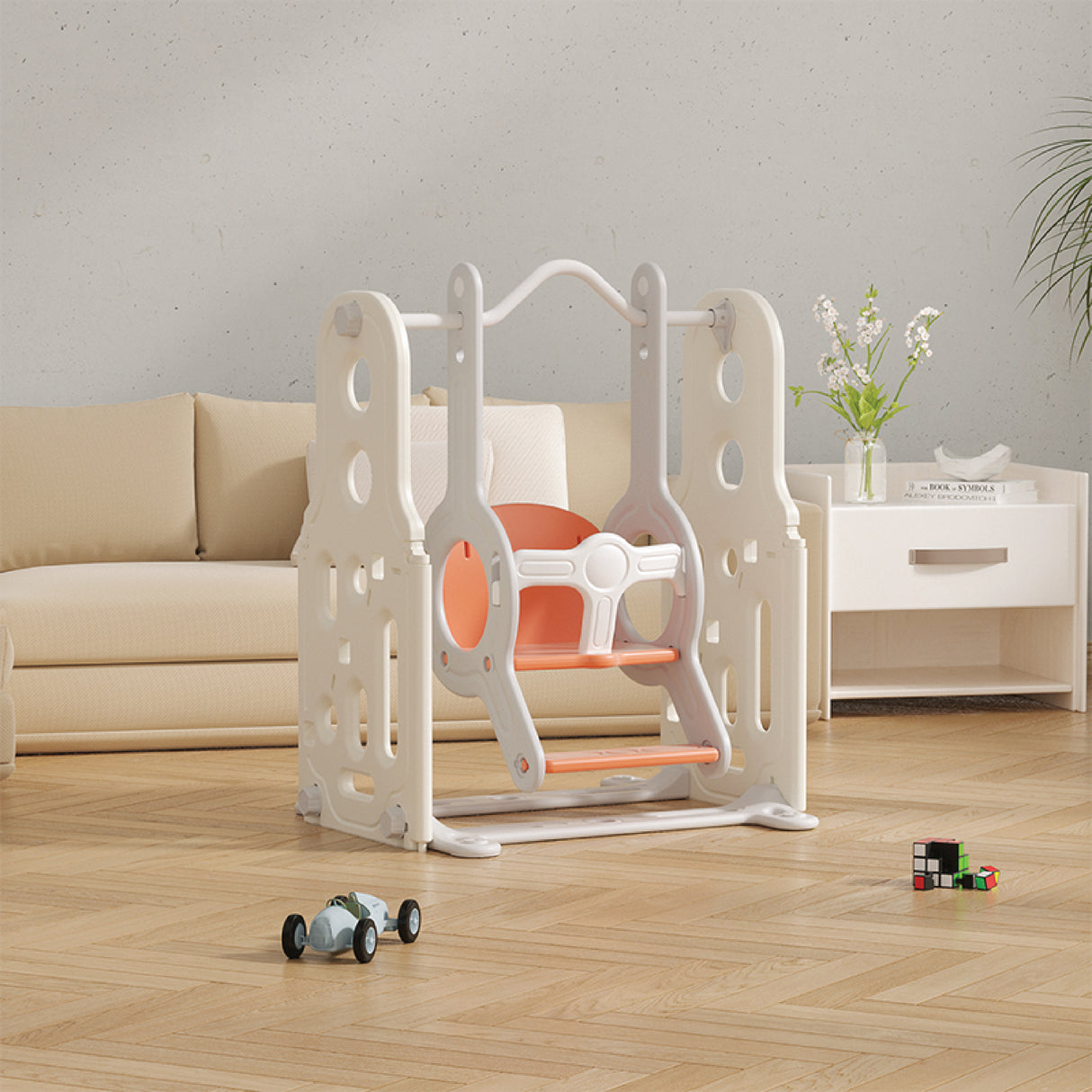 Children's play swing with orange seat in a living room setting