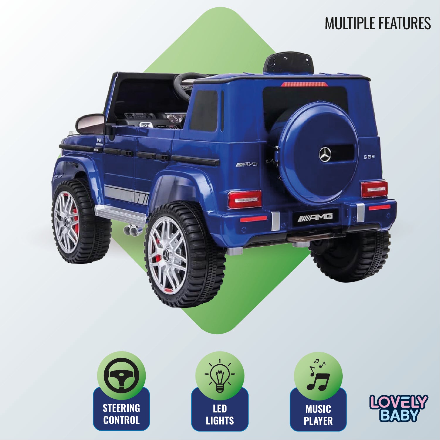 Blue toy car with Mercedes-Benz logo on a green and gray background