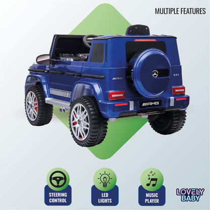 Blue toy car with Mercedes-Benz logo on a green and gray background