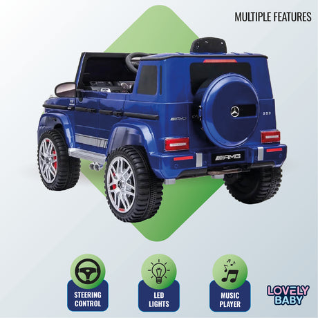 Blue toy car with Mercedes-Benz logo on a green and gray background