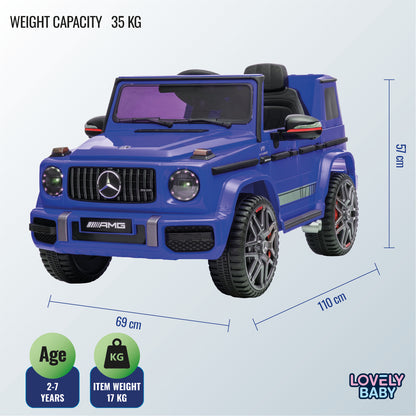 Blue toy car with Mercedes-Benz logo and dimensions on a light blue background