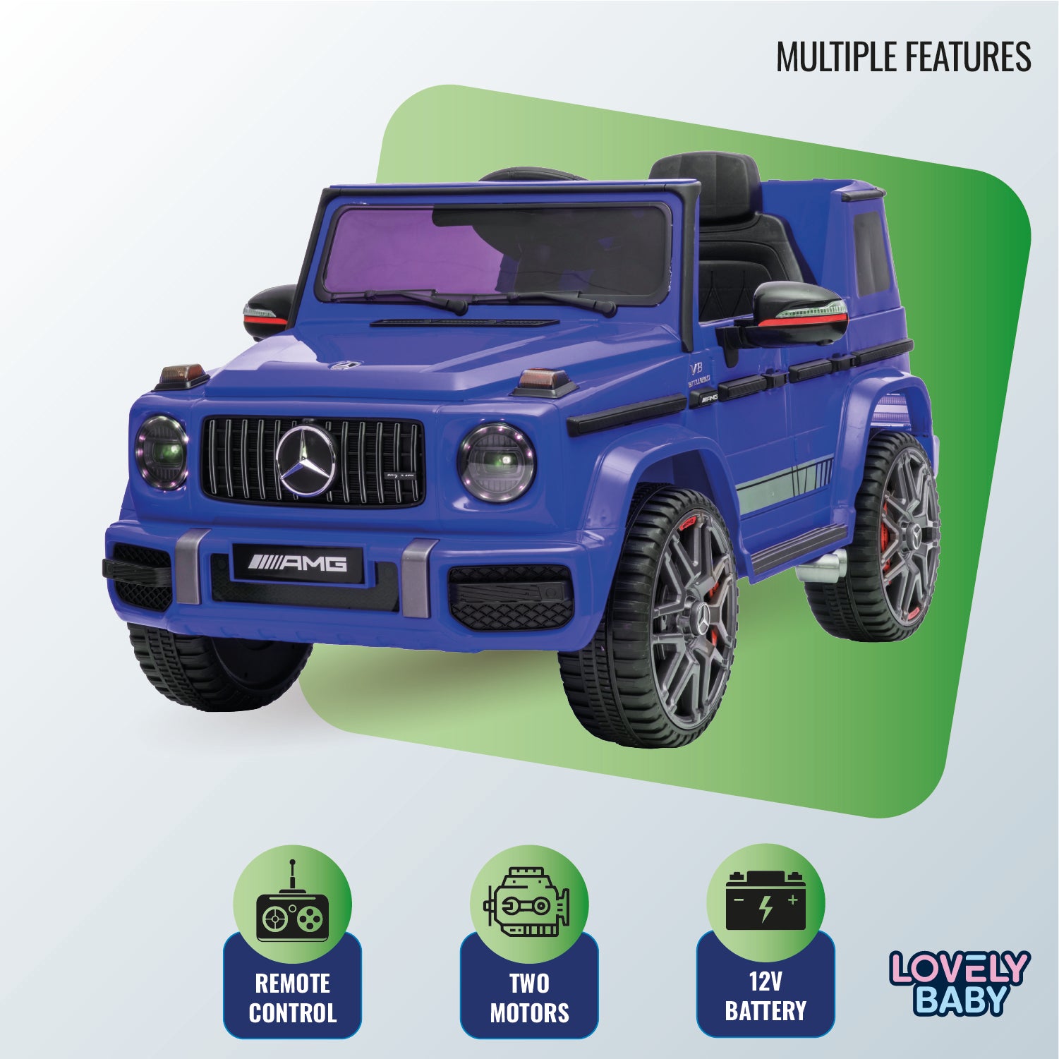 Blue toy car with Mercedes-Benz logo on a light gray background