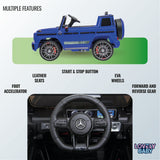 Blue toy truck with features listed on a gray background