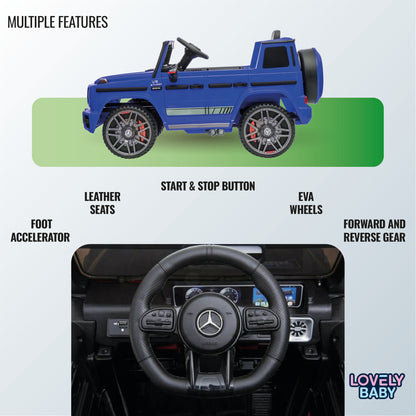 Blue toy truck with features listed on a gray background