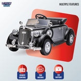 Vintage-style toy car with features listed below on a light blue background
