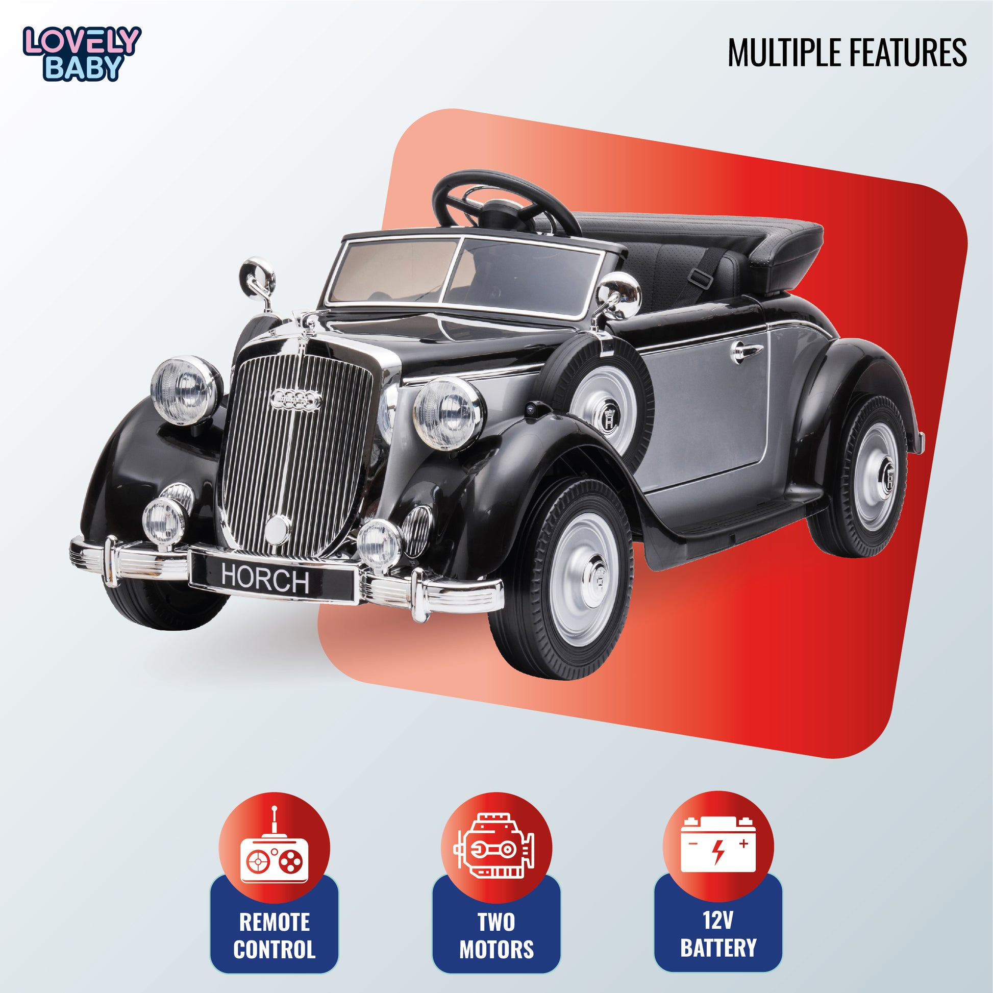 Vintage-style toy car with features listed below on a light blue background