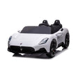 A white Maserati MC20 kids electric ride-on car with black wheels and interior, featuring realistic vehicle details and a brand logo.