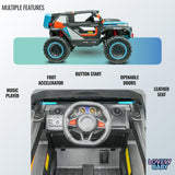 Toy car with features listed on a light gray background