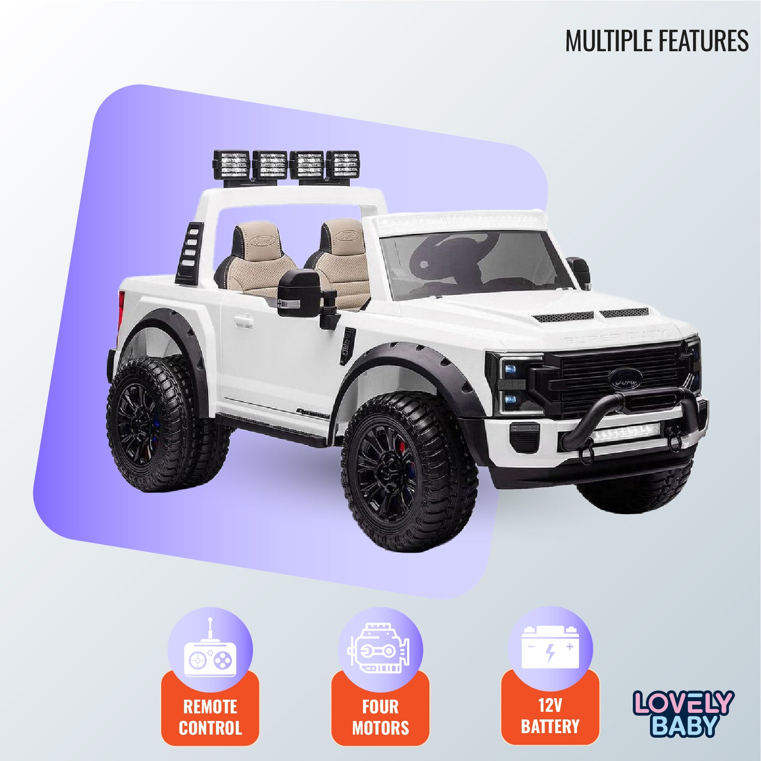 Toy truck with remote control, four motors, and 12V battery on a light blue background