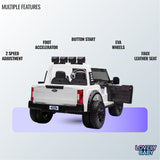 Children's toy truck with features listed on a light gray background