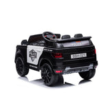 Black and white toy police car with visible branding on a white background