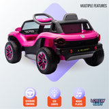 Pink and black toy car with features listed on a light gray background