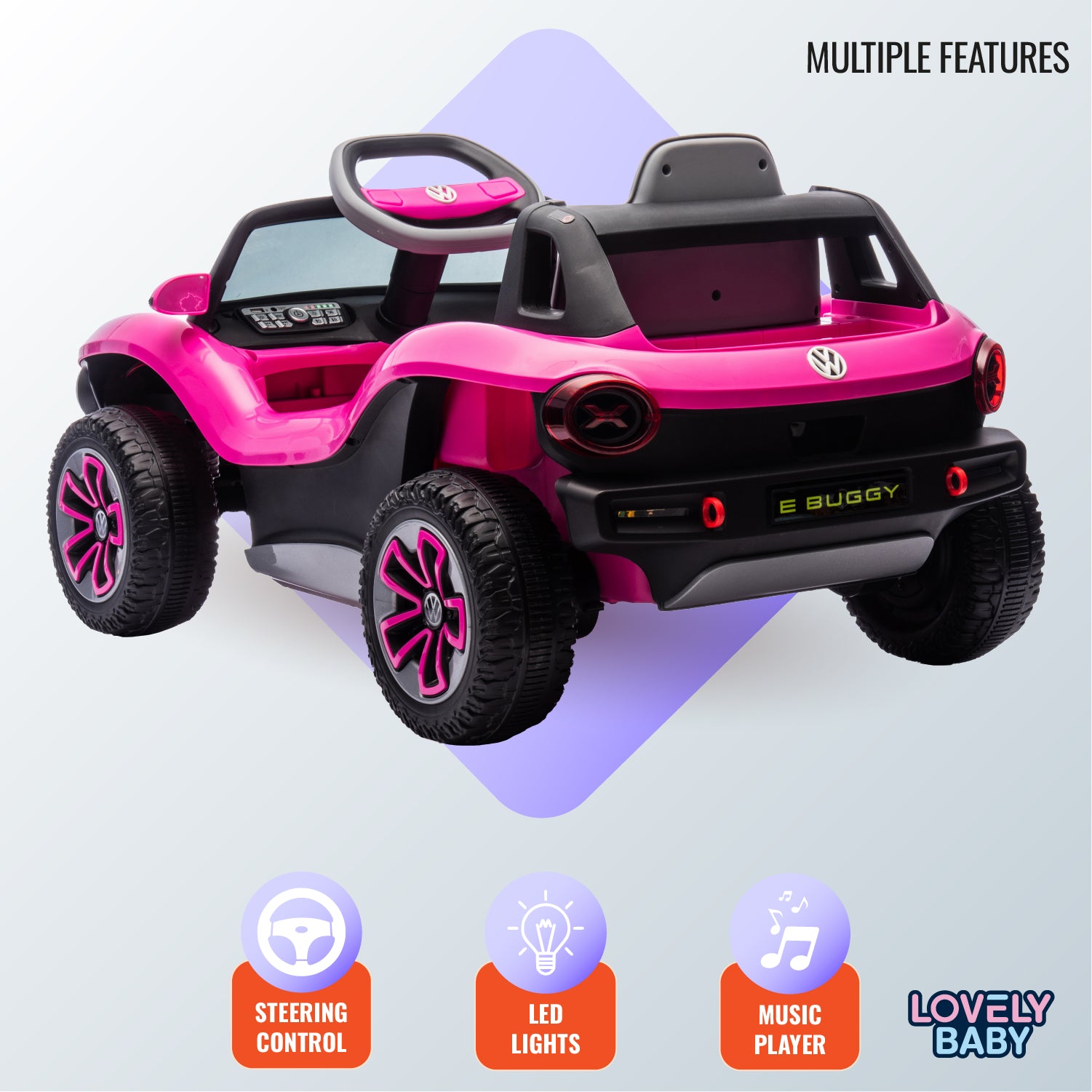 Pink and black toy car with features listed on a light gray background
