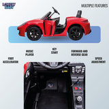 Red toy car with features listed on a light blue background, brand 'Lovely Baby' visible.