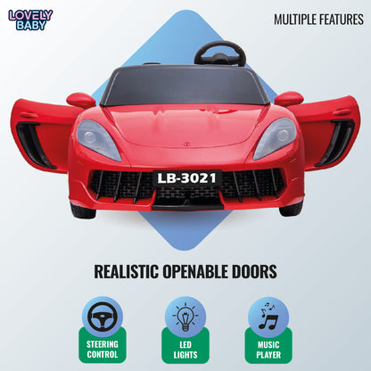 Red toy car with openable doors on a light blue background, featuring the brand 'Lovely Baby'.