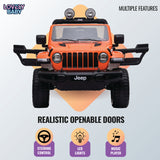 Toy Jeep with openable doors on a light blue background, featuring the brand 'Lovely Baby'.