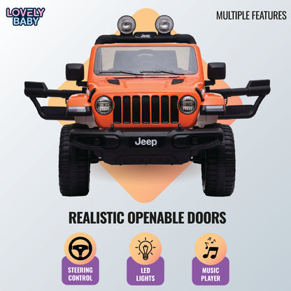 Toy Jeep with openable doors on a light blue background, featuring the brand 'Lovely Baby'.