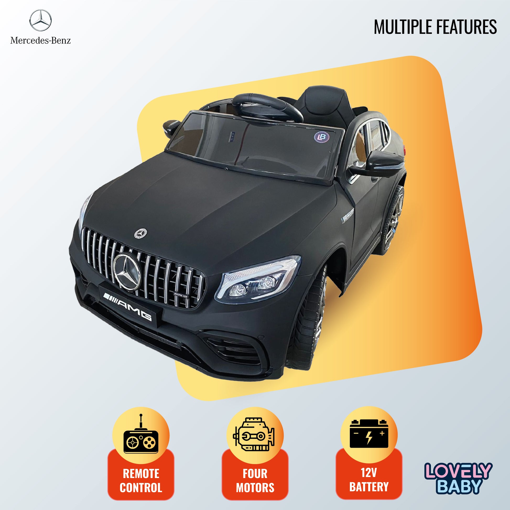 Black toy car with Mercedes-Benz logo on a light gray background
