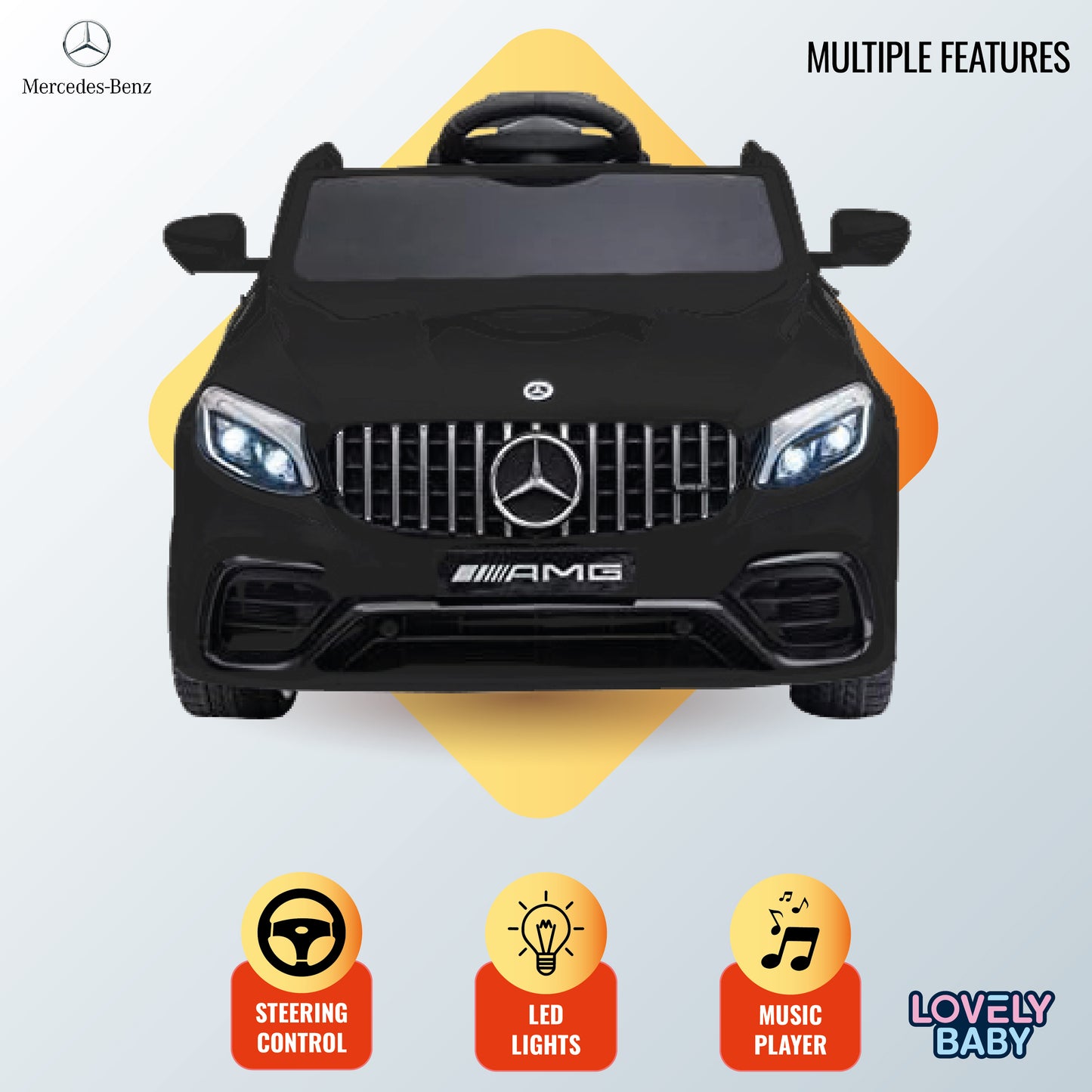 Black toy car with Mercedes-Benz logo on a light gray background