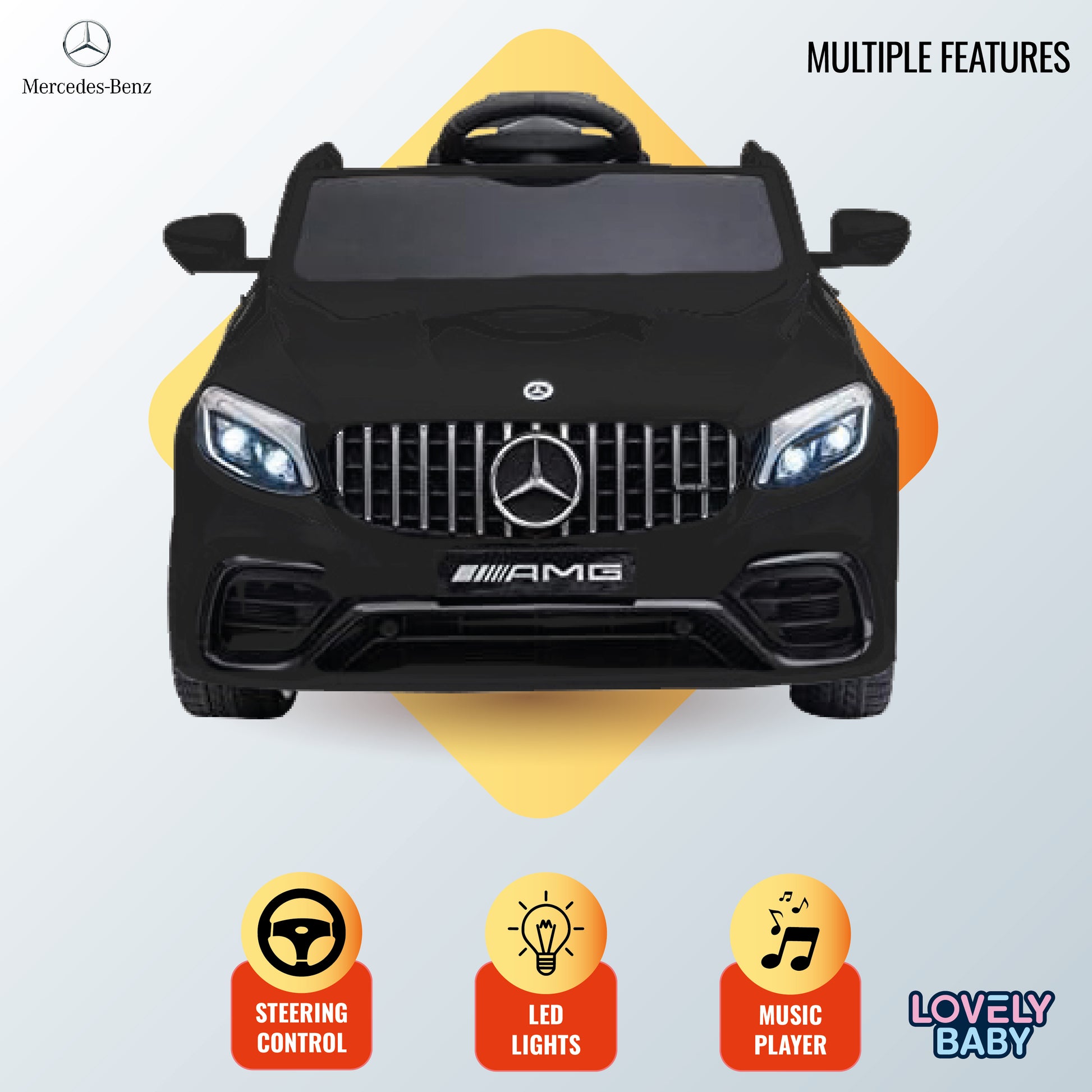 Black toy car with Mercedes-Benz logo on a light gray background