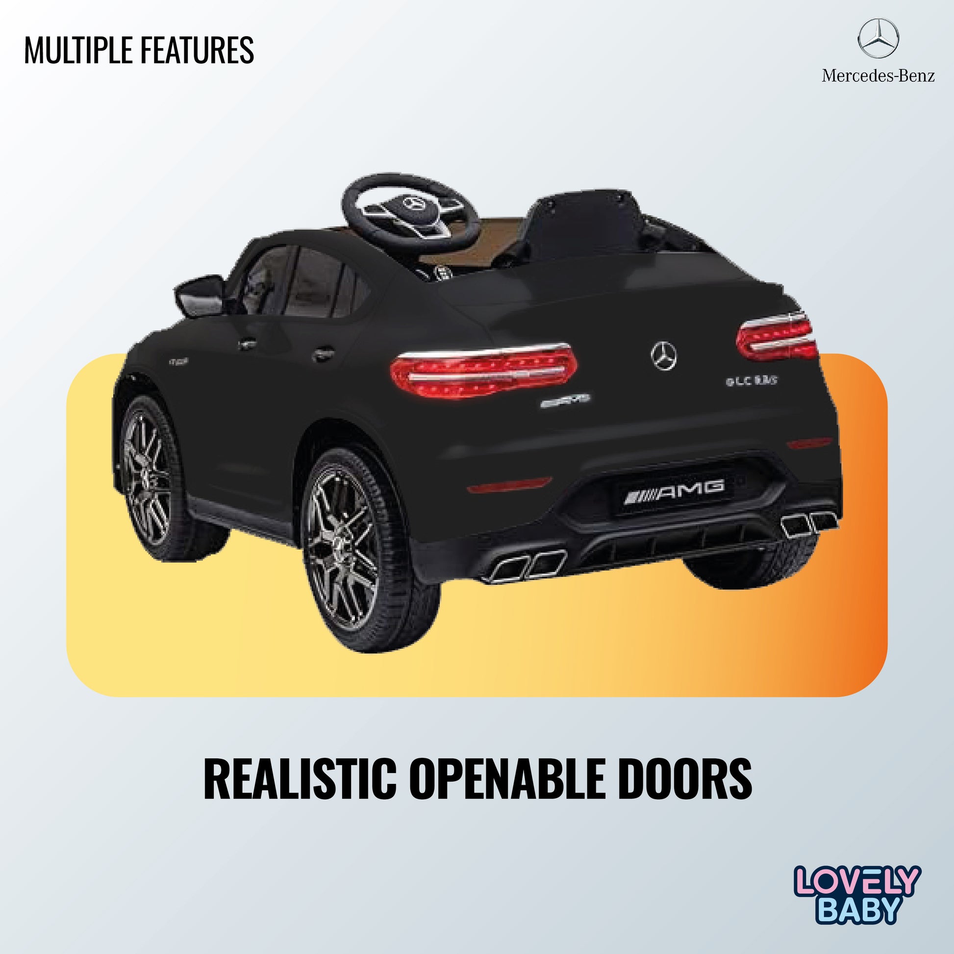 Black toy car with openable doors on a gradient background, featuring Mercedes-Benz logo.