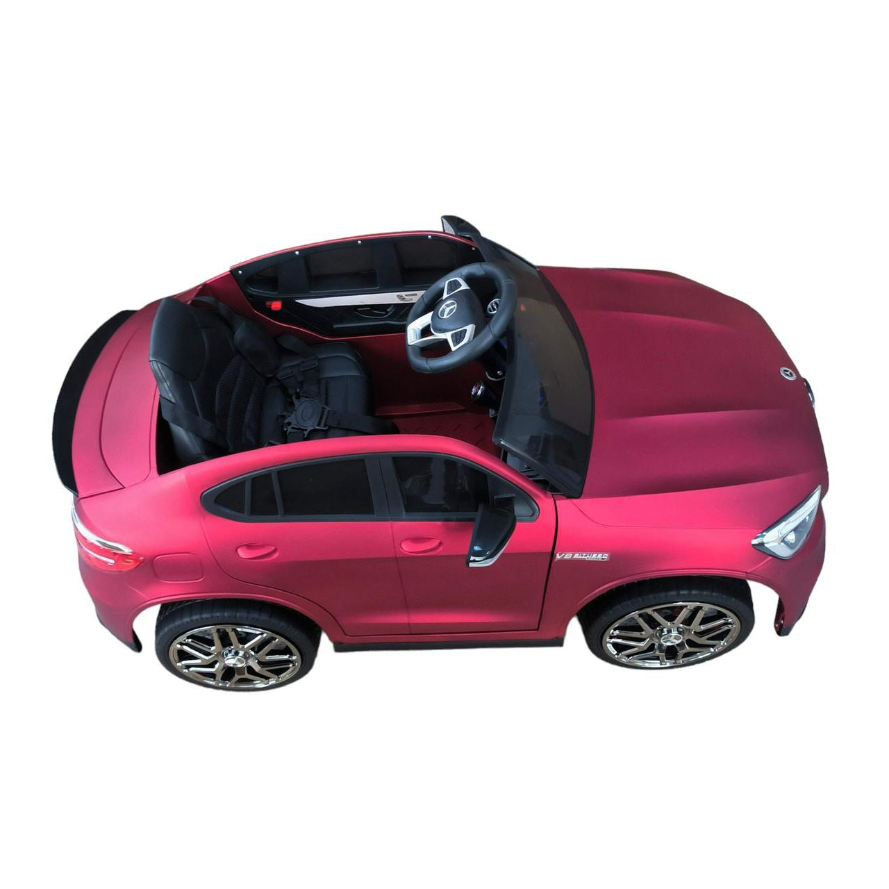 Red toy car with open doors on a white background