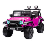 Pink toy jeep with black accents on a white background