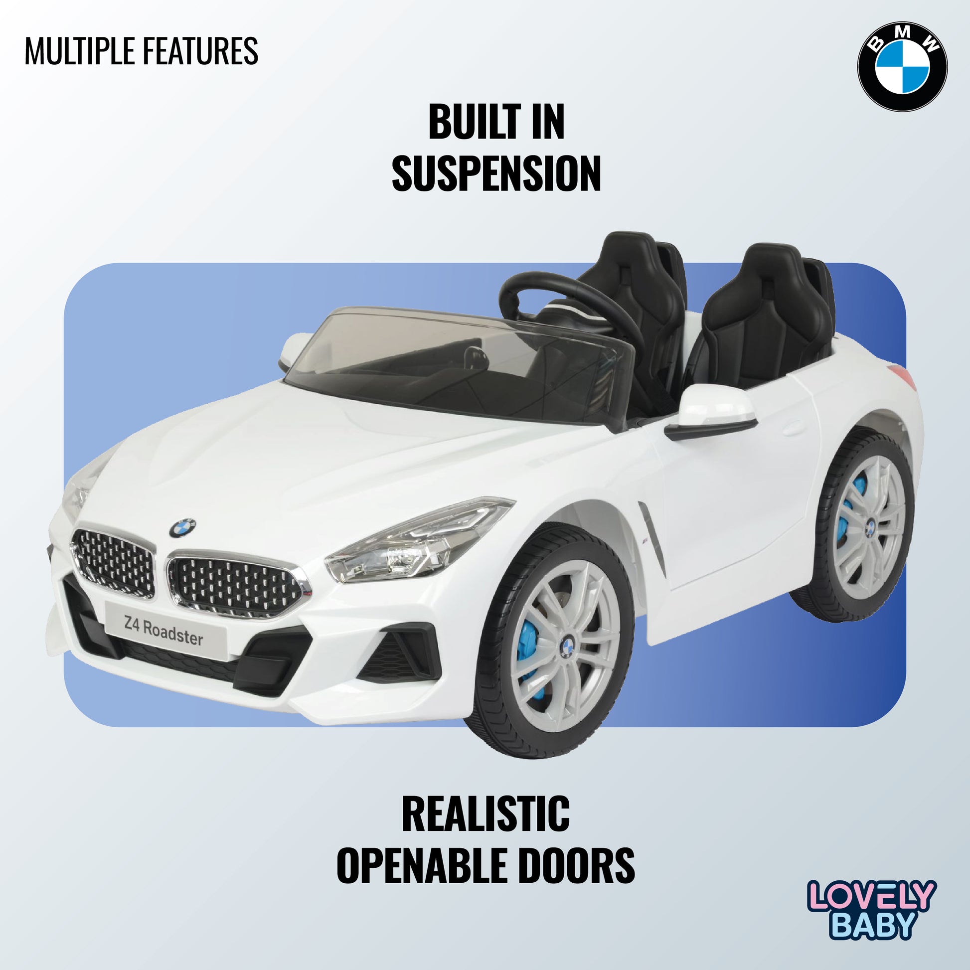 White toy car with BMW logo on a light blue background