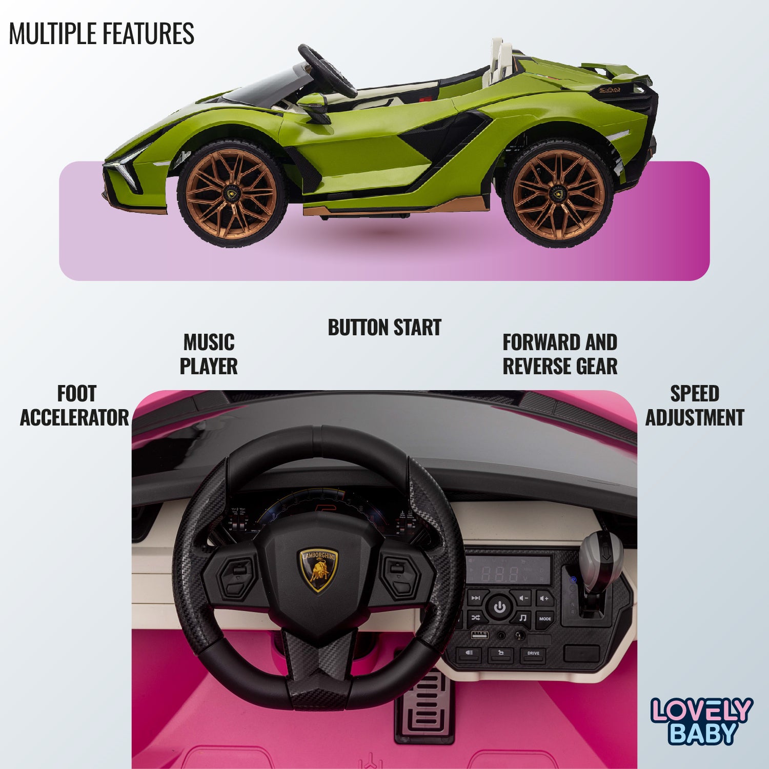 Toy car with features listed and a close-up of the steering wheel and controls.