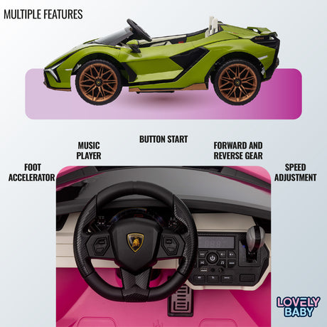 Toy car with features listed and a close-up of the steering wheel and controls.