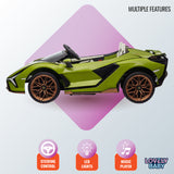 Green toy car with multiple features on a colorful background