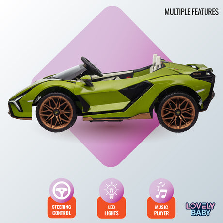 Green toy car with multiple features on a colorful background