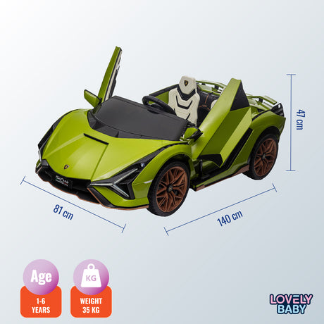 Green toy sports car with dimensions and 'Lovely Baby' branding on a light gray background