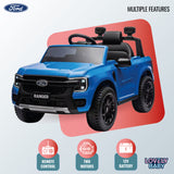 Blue toy truck with Ford logo on a light gray background