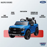 Blue toy truck with Ford logo with features listed on a light blue background