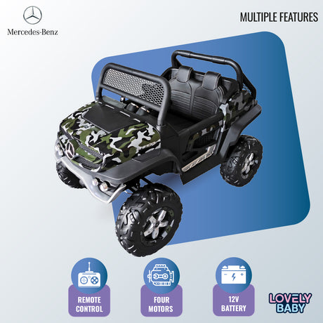 Toy vehicle with camouflage pattern on a blue and white background, featuring Mercedes-Benz logo.