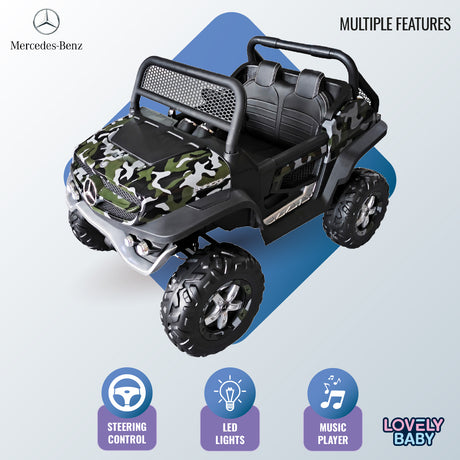 Toy vehicle with Mercedes-Benz logo on a blue and gray background