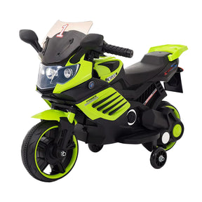 A green and black Lovely Baby power motorbike designed for kids, featuring a 3-wheel design, illuminating lights, and a storage box.