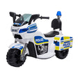 A white electric ride-on motorbike for kids with blue and yellow police stripes, realistic lights, and a 3-wheel design.