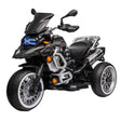Black toy motorcycle with blue lights on a white background