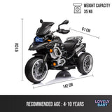 Toy motorcycle with dimensions and weight capacity displayed on a white background