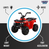 Red toy ATV with features highlighted on a gray background