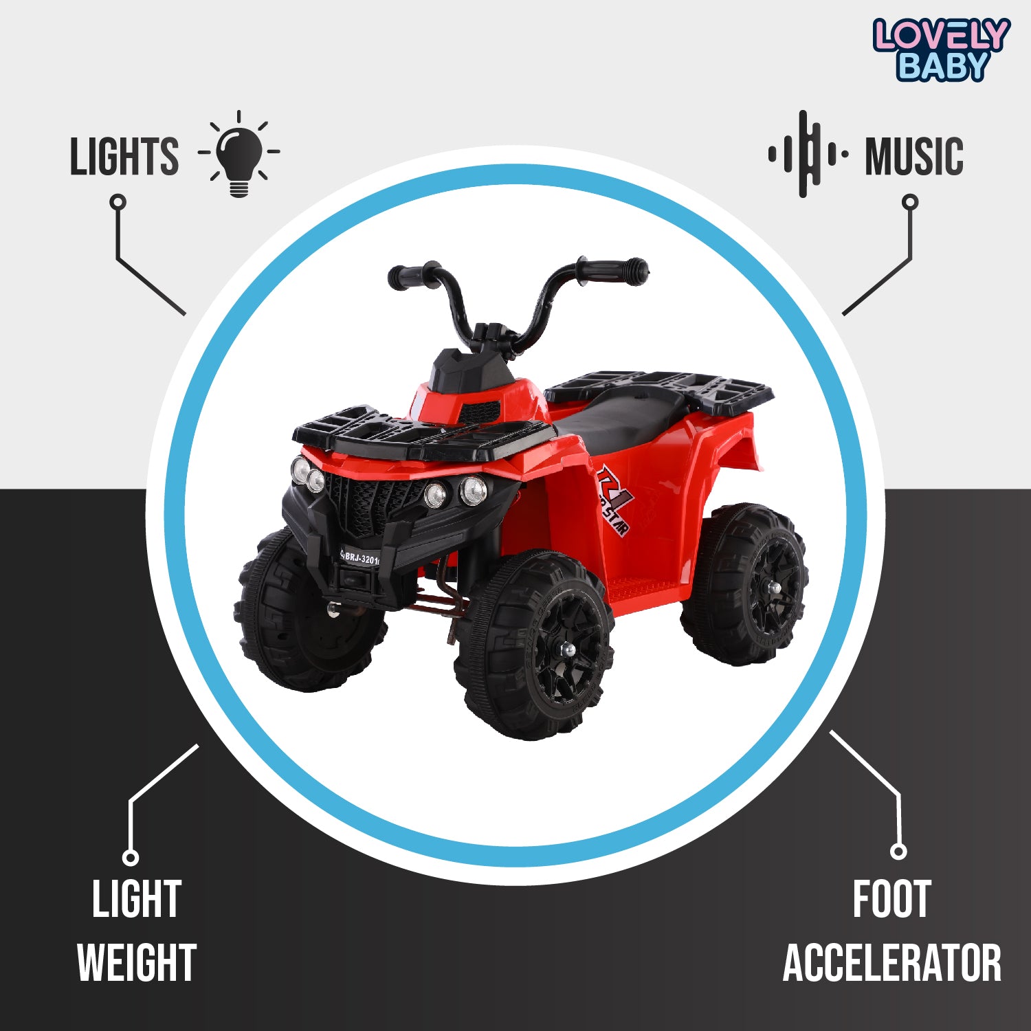 Red toy ATV with features highlighted on a gray background