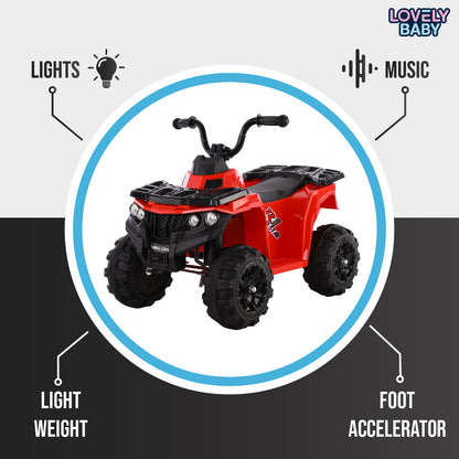 Red toy ATV with features highlighted on a gray background