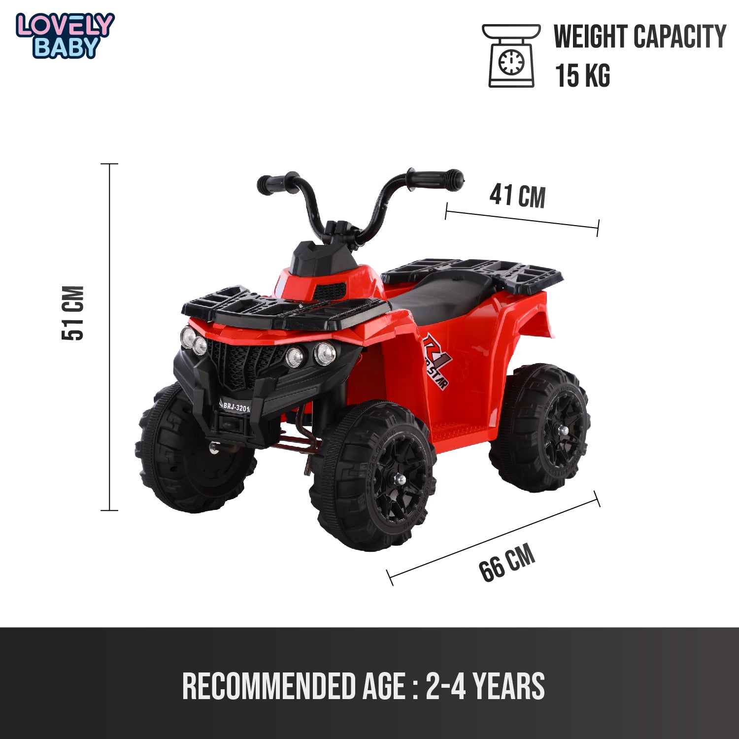 Red toy ATV with dimensions and weight capacity information on a white background