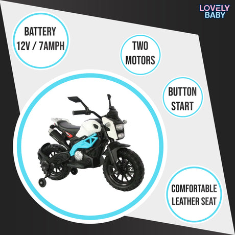 Toy motorcycle with features listed on a white background, branded 'Lovely Baby'.