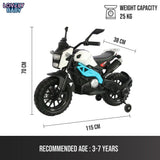 Toy motorcycle with dimensions and weight capacity on a white background